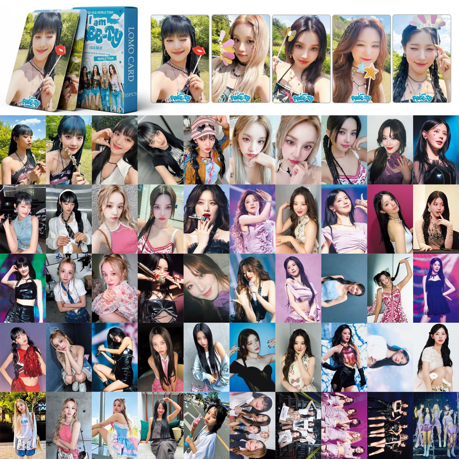 Набор фотокарточек Stray Kids, (G)I-DLE, IVE и другие — 55 лазерных карточек 59×89 мм коллекционные