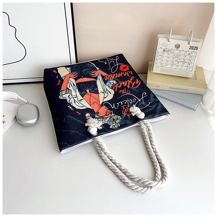 New cross-border tote bag, versatile women's portable shopping bag, creative women's printed aesthetic thick rope beach bag undefined