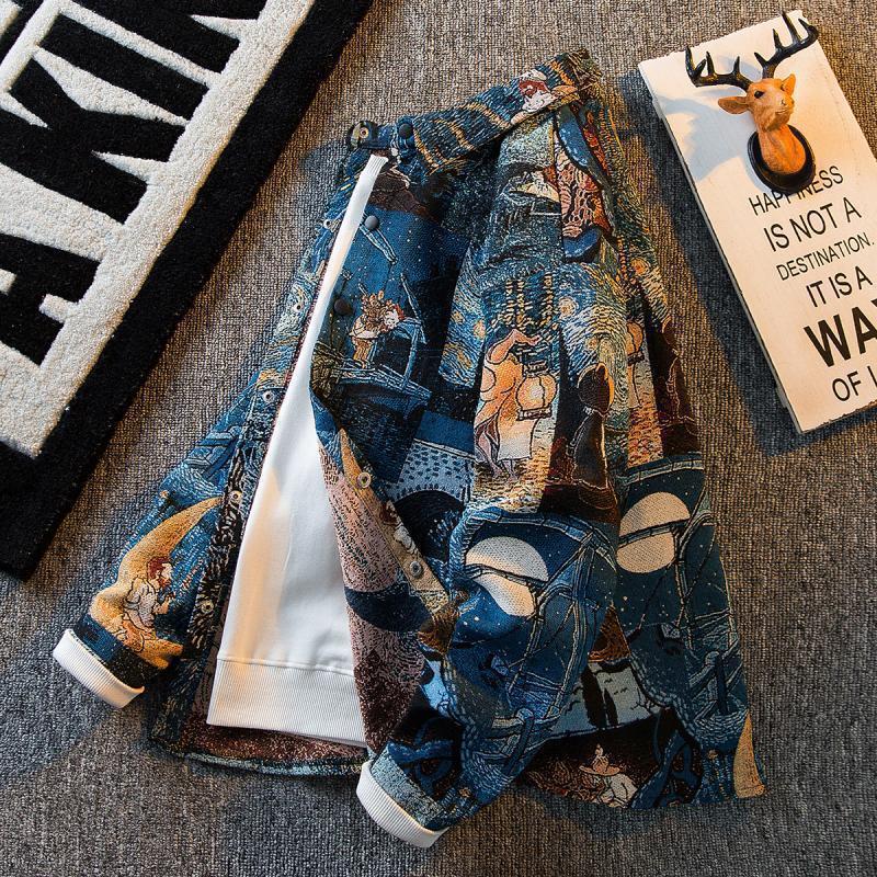 2025 Spring and Autumn New Retro Trendy Brand Cartoon Character Long Sleeve Jacket Men's Fashion Easiest for Match Men's Shirt Jacket