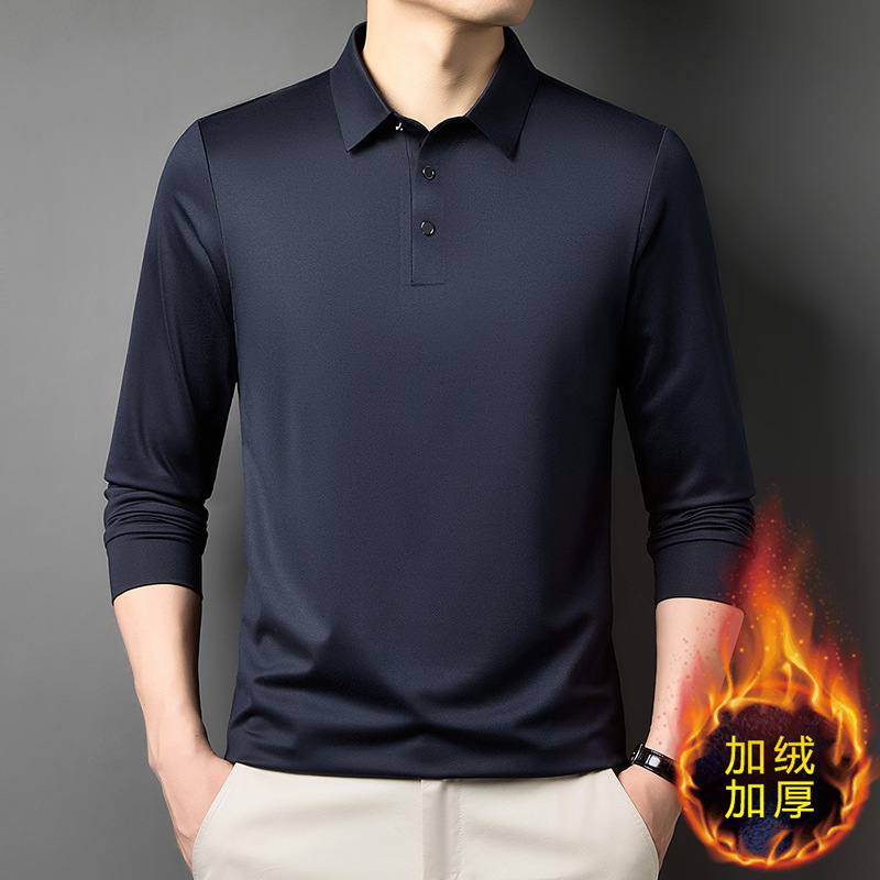 2025 New Autumn and Winter Middle-Aged Long-Sleeved T-Shirt Men's Velvet Thickeneded Daddy Top Loose Polo Shirt
