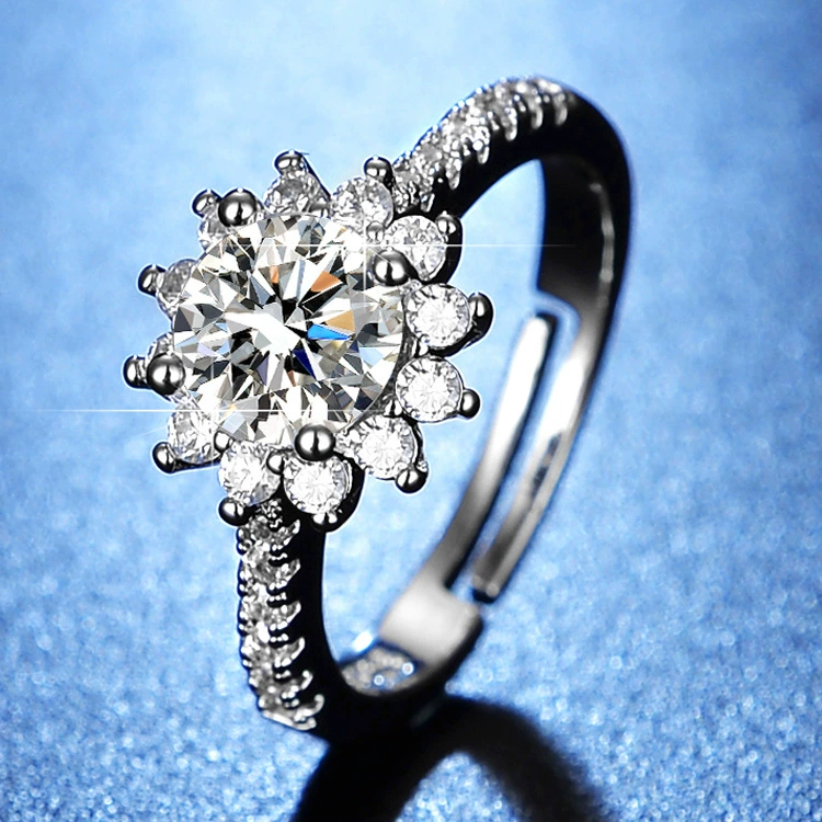 Ring one carat, adjustable open band with AAA zirconia, silver-layer plating