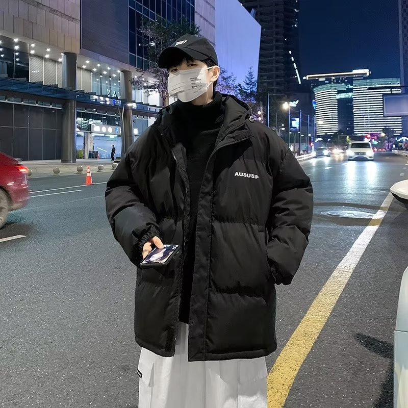 Hong Kong estilo invierno collar engrosada de algodón acolchado abrigo de los hombres de la juventud suelta color sólido impreso marca de moda abrigo de los hombres