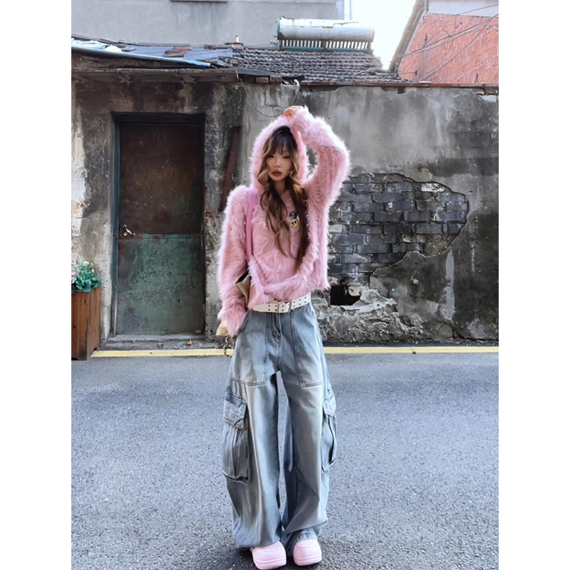 Pink Imitation Mink Velvet Soft Waxy Knitwear Embroidered Hooded Knitwear Women's Autumn and Winter Design Jeans