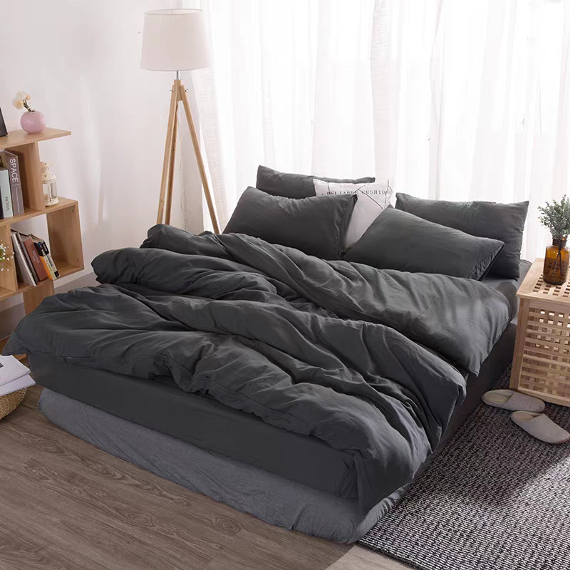Jogo de cama de algodão lavado estilo japonês simples, conjunto de quatro peças em cor sólida, capa de edredom, lençol de três peças para dormitório estudantil._voghion.com