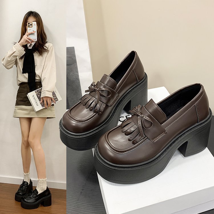Thick-Soled Leather Shoes for Women 2026 Spring New Style British Style Chunky Heel Slip-On Fashion Tassel Loafers