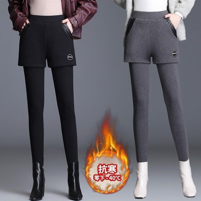 假两件加绒加厚打底裤女外穿秋冬高腰大码弹力保暖小脚包臀裙裤子