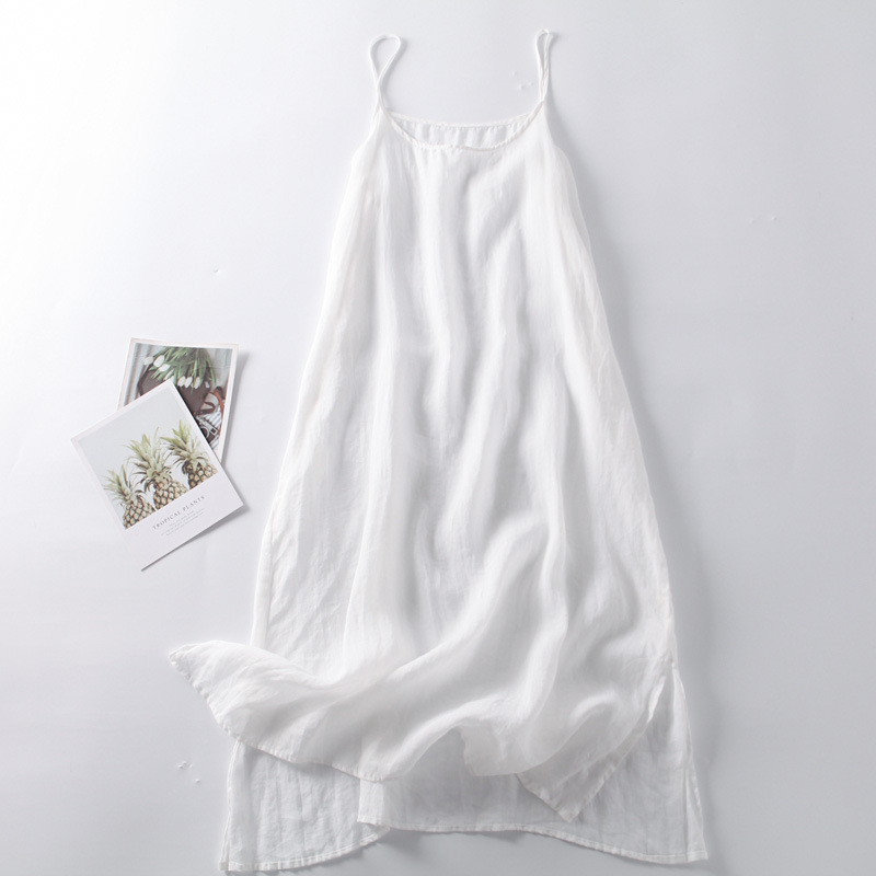 Clearance Sale~ White Ramie V-Neck Strap Mid-Length Tank Dress for Women, New Summer Cotton-Linen Underskirt