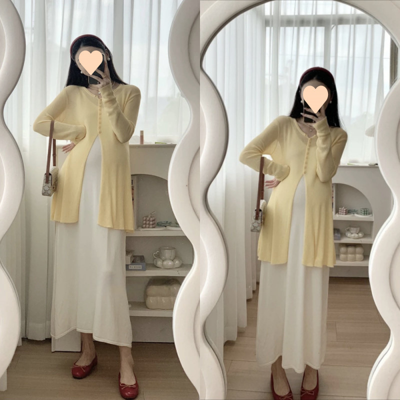 임산부복 여름 신상 긴팔 디자인 상의 중간 길이 솔리드 컬러 칼라 서스펜더 스커트 캐주얼 투피스 수트