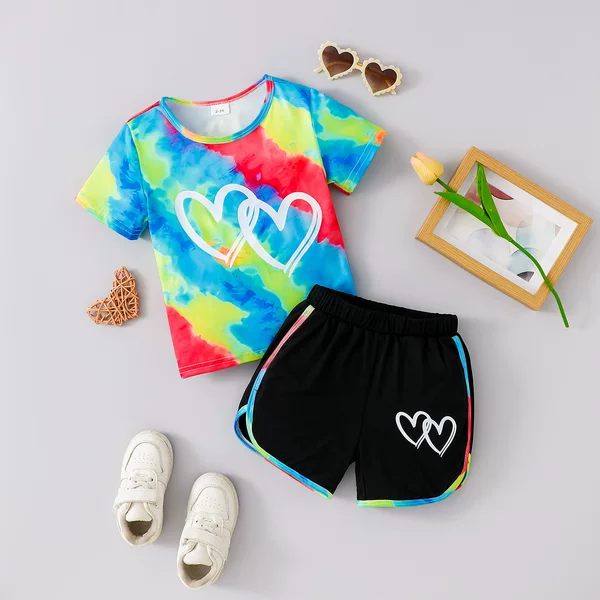 Summer Children's Tie-Dye Set, Boys and Girls Heart-Printed Short-Sleeve T-Shirt + Two-Piece Set with Color-Blocked Shorts