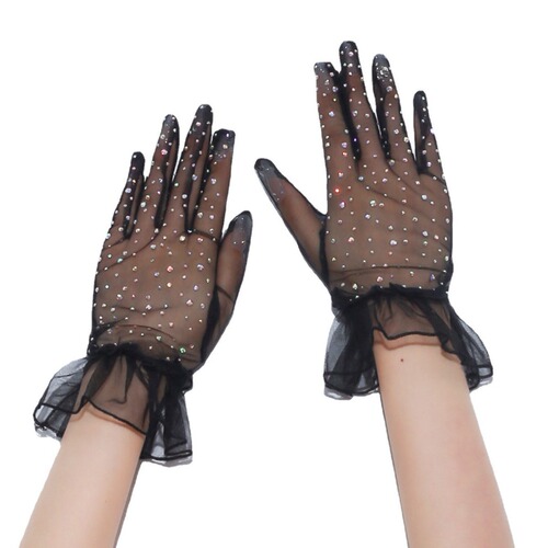 Nighttime Teaching Room Lolita Gloves Black Lace Trimmed with Rhinestones Short French Hepburn Style Dress Short Gloves