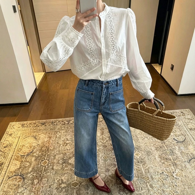[in Stock] Vintage Washed Blue Nine-Point Wide-Leg High-Waisted Slimming Straight-Leg Jeans with Front Pockets