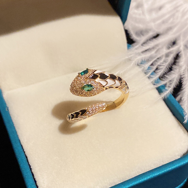 微鑲鋯石滴油蛇形開口戒女網紅個性獨特創意食指戒配飾品一件代發