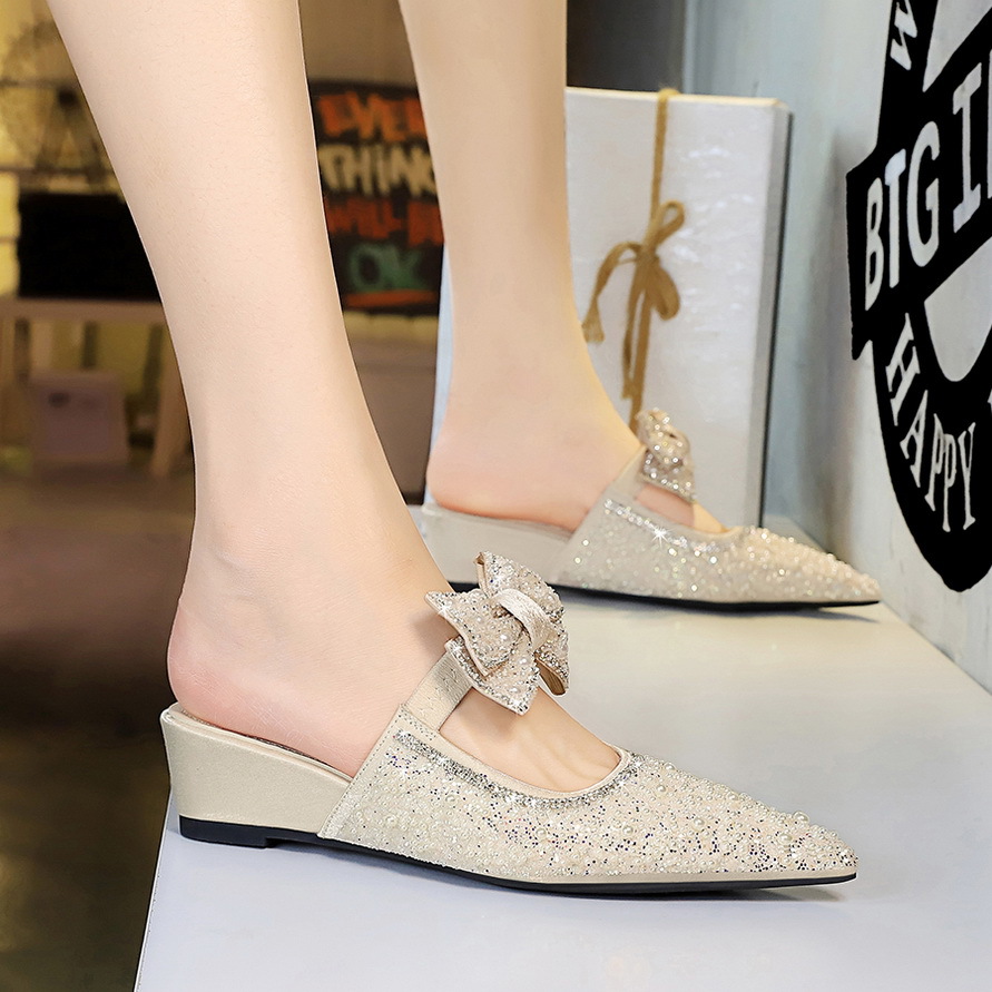 599-1 French Fairy Style Bowknot Pearl Rhinestone Peep Toe Mules For Women High-end Elegant Slip-on Shoes_vogvips.com