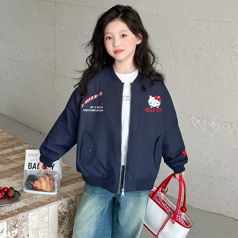 Girls' Autumn Hello Kitty Embroidered Baseball Jacket Cartoon Print Zipper Jacket Windproof Coat for Older Children