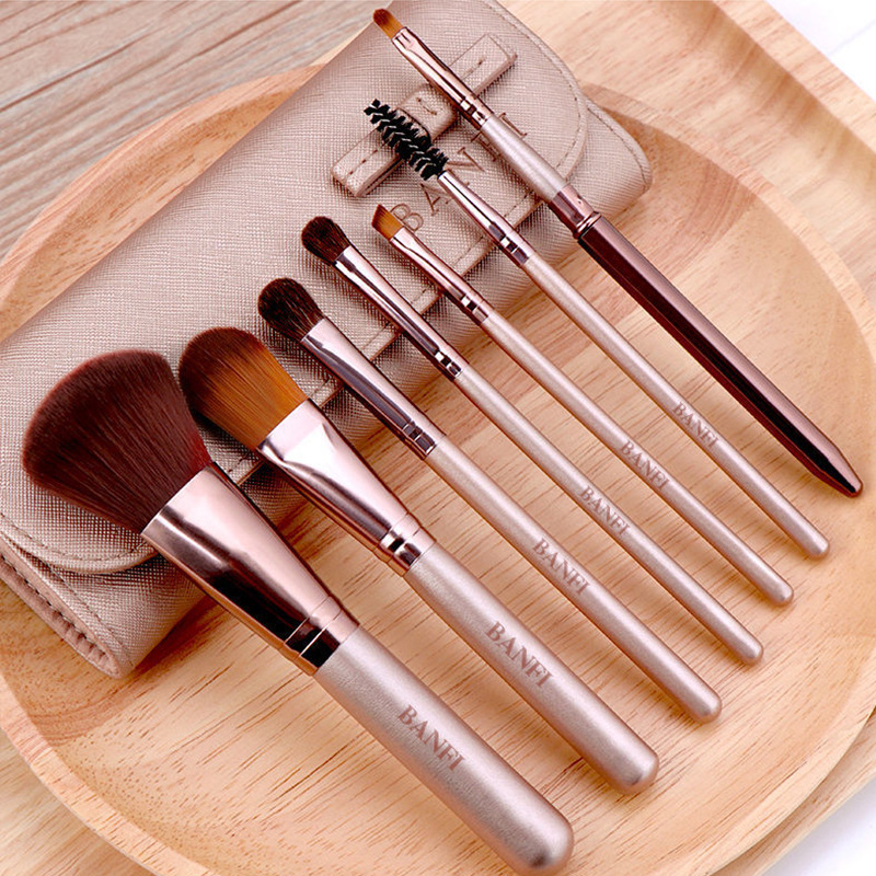 Set de brochas de maquillaje - 7 piezas de pelo de caballo, para rostro y ojos