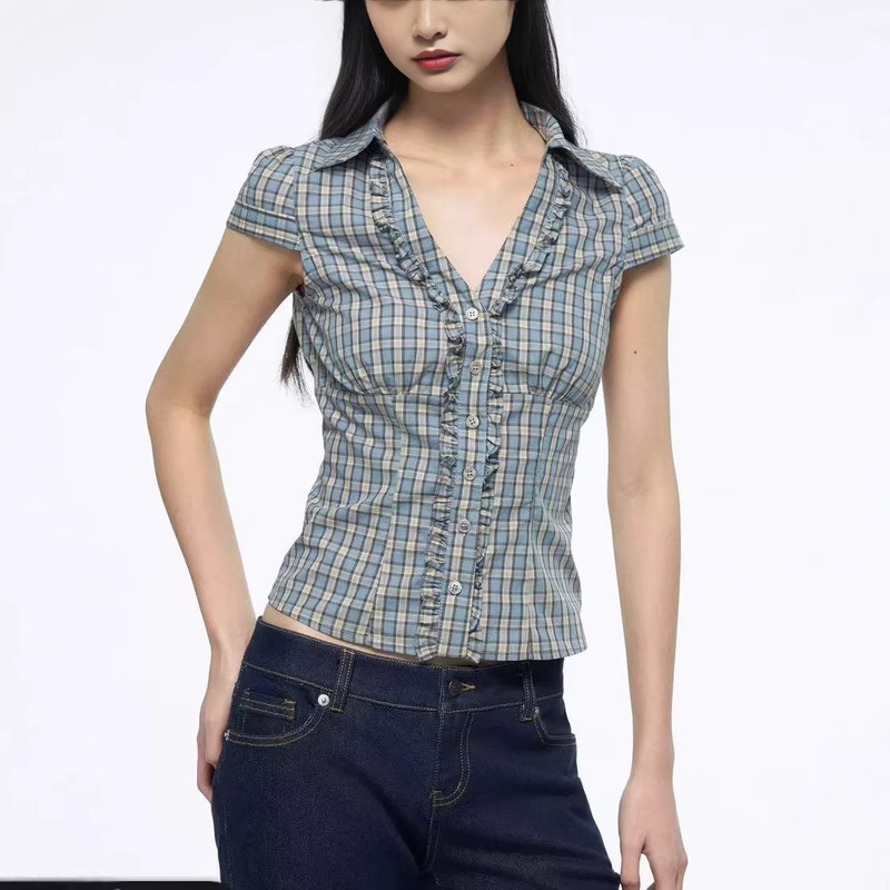 Blue Ruffled Striped V-Neck Shirt with a Tailored Waist and Short Sleeves for Summer