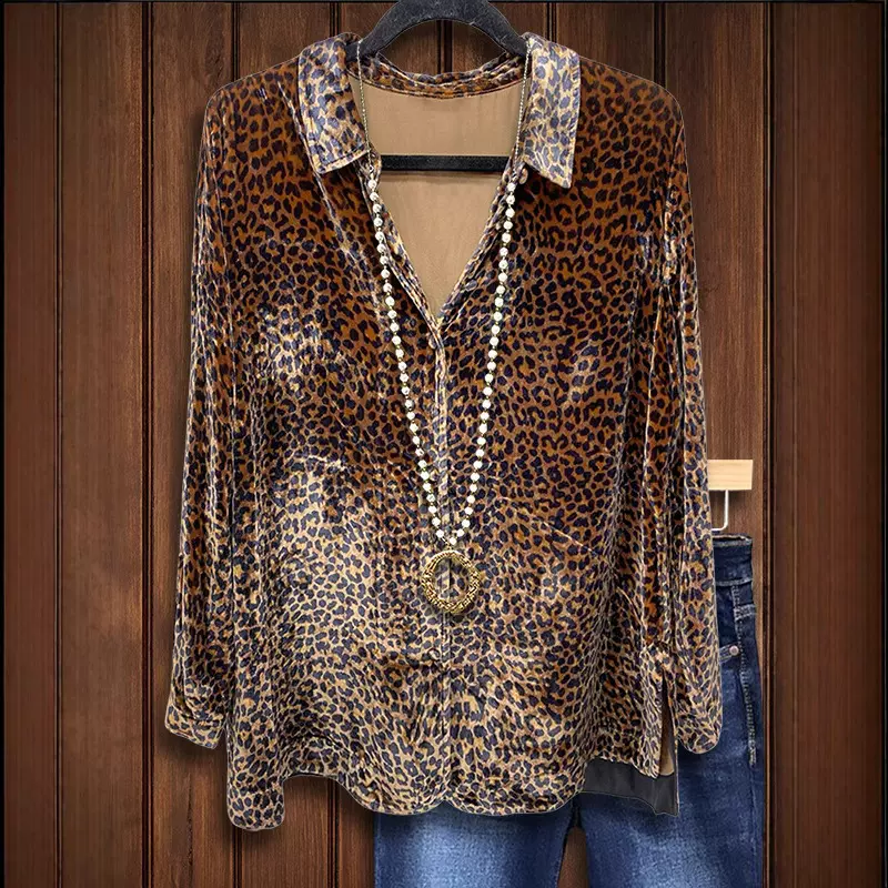 2025亚马逊 欧美风时尚女装丝绒豹纹长袖衬衫打底衫