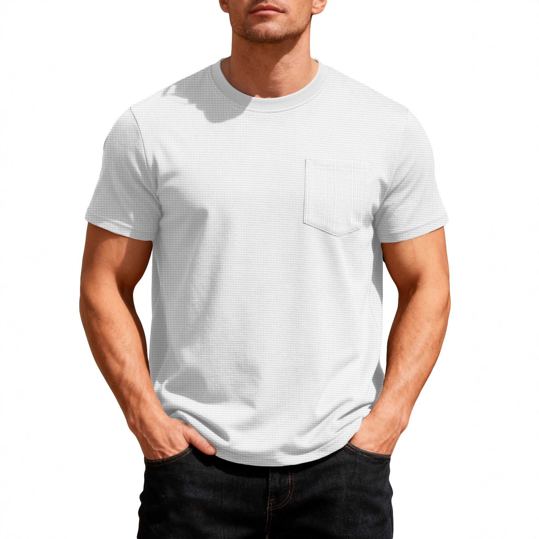 Ropa de hombre transfronteriza Europa y América de verano relajado con bolsillo transpirable de manga corta gran Waffle cuello redondo camiseta de hombre hombre