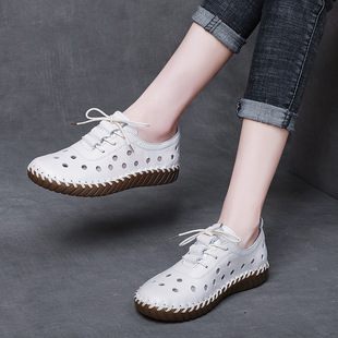 2025 Spring and Summer New Croc Shoes Genuine Leather Tbottomon Sole Women's Sandals Soft Sole Handmade Shoes Breathable Hollow Mom Shoes