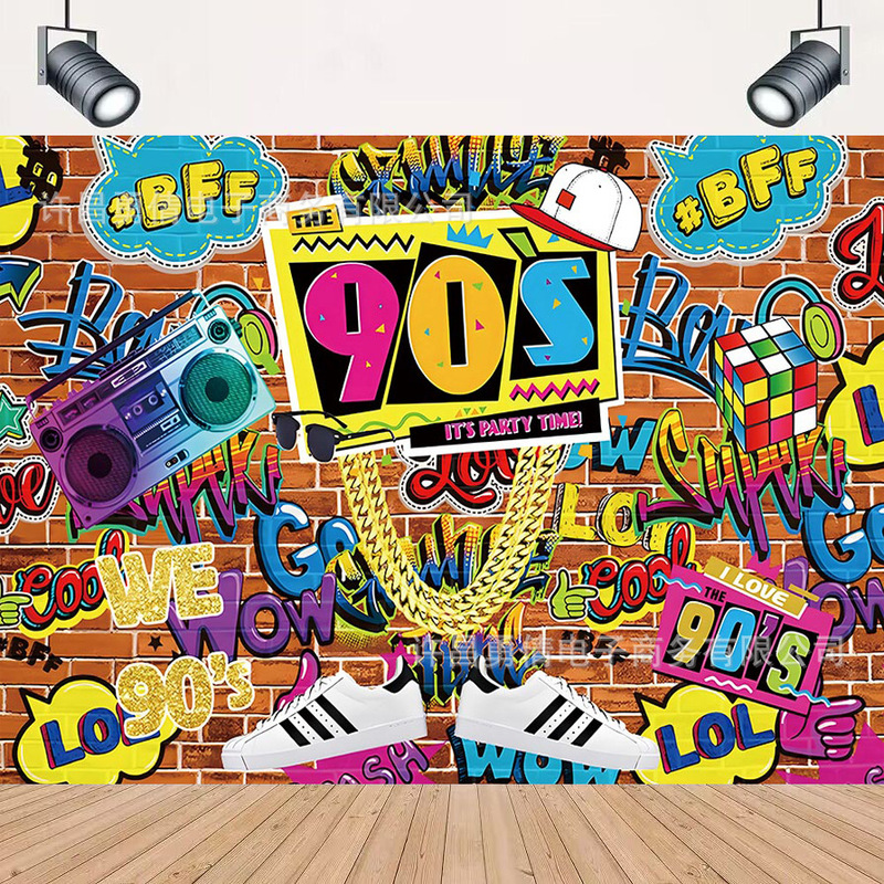Foreign trade cross-border 90S retro nostalgic photography background cloth birthday photo party decoration props banner hanging cloth Foreign trade cross-border 90S retro nostalgic photography background cloth birthday photo party decoration props banner hanging cloth