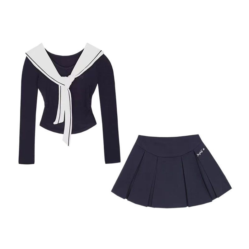 (2개) 귀여운 달콤한 스타일 해군 칼라 탑 세트 여성 가을 디자인 스티칭 베이스 셔츠 높은 허리 주름 치마