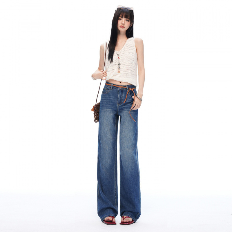 Retro Blue Sky Silk Thin Stretch Slim Fit Jeans for Women, 2026 Summer New Style, High Waist, Slimming Straight Leg Pants