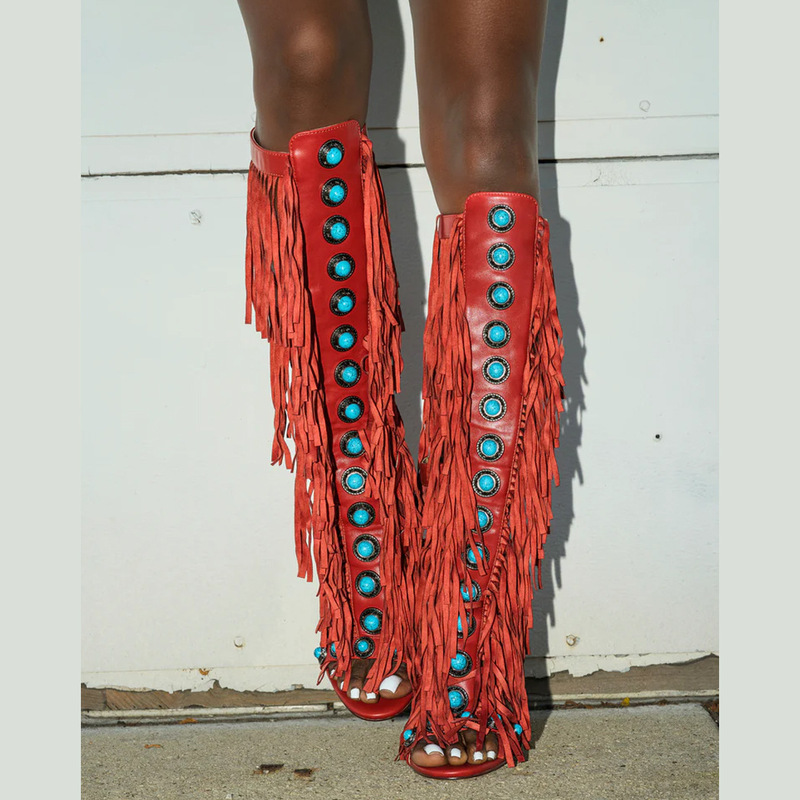 Cross-Border Foreign Trade Bohemian Long Tassel High-Heeled Sandals with Straps European and American Rivets Ethnic Style Sandals for Women Plus Size