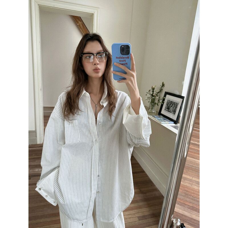 Moershop Retro Hemp Cotton White Vertical Stripesd Large-Sleeved Shirt Women's Spliced ​​Long-Sleeved Top Autumn