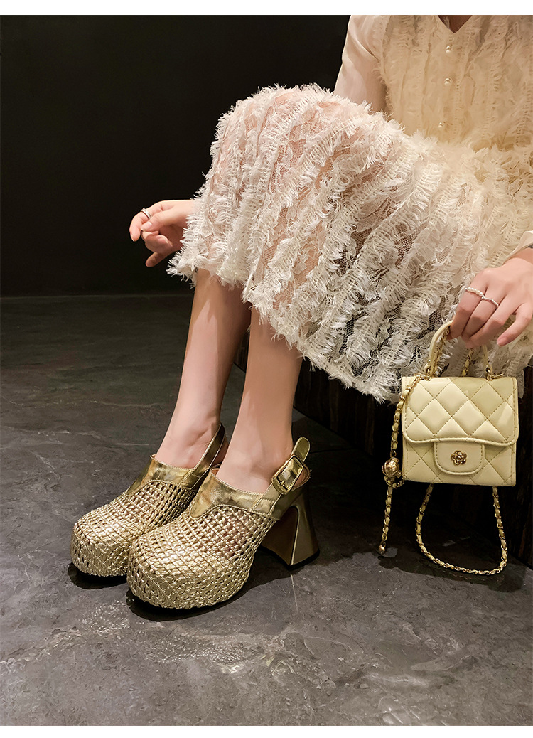 Sandal cao gót nữ đế xuồng platform dệt kim vàng, gót 10 cm, phong cách La Mã — Màu đen, Màu vàng, Màu bạc chi tiết 11