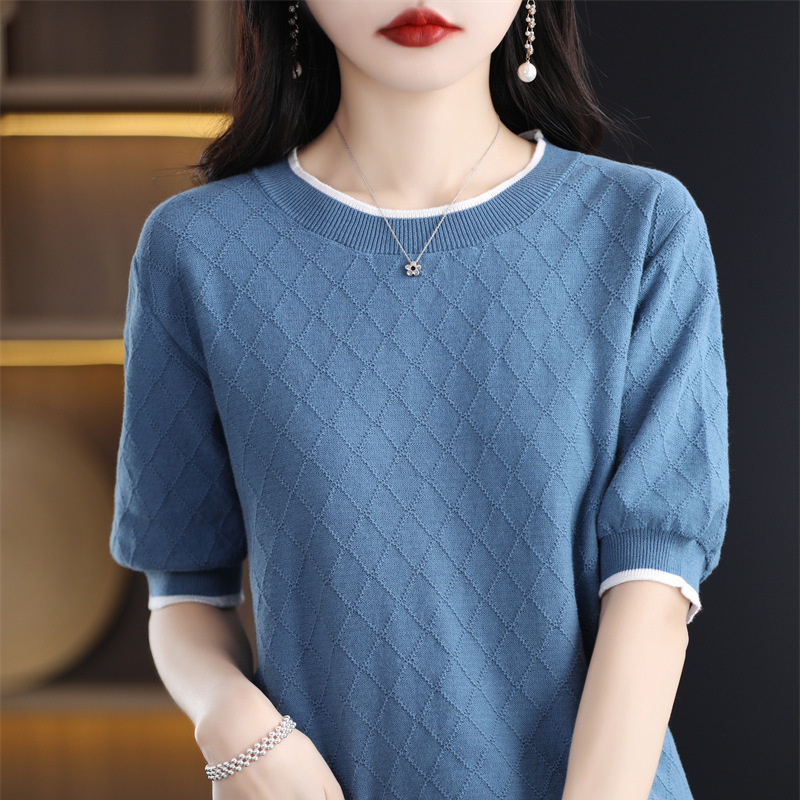 Wholesale Fashion Diamond-Shaped 100% Cotton Knitted Short-Sleeve T-Shirt for Women, 2026 Summer New Style, Cotton Round Neck, Loose Half-Sleeve for Women Wholesale Fashion Diamond-Shaped 100% Cotton Knitted Short-Sleeve T-Shirt for Women, 2026 Summer New Style, Cotton Round Neck, Loose Half-Sleeve for Women