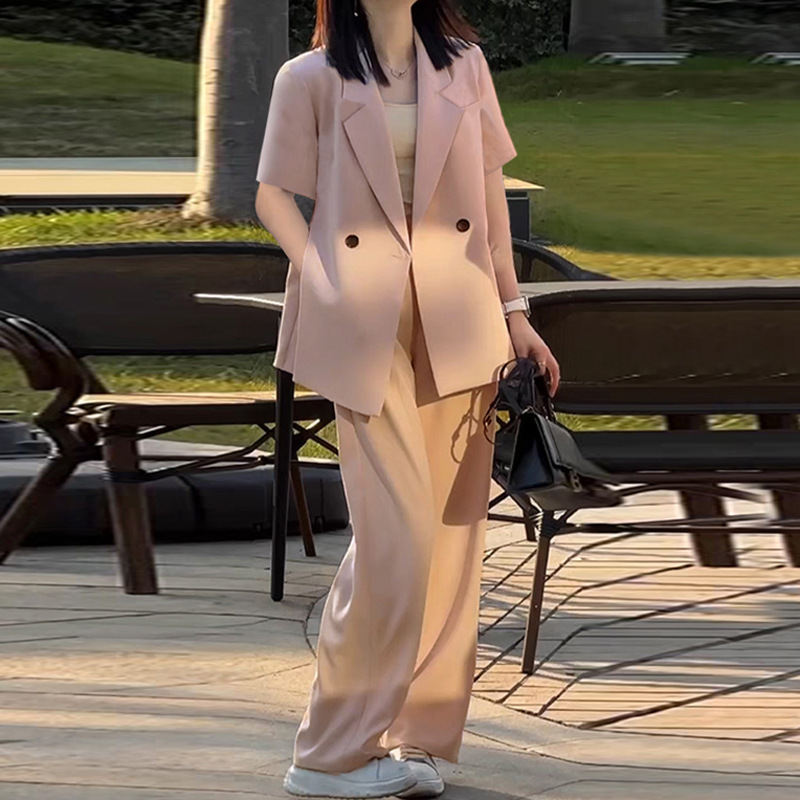 Women's Clothing Summer thin suit wide leg pants suit women's large size women's clothing fat MM 200 pounds loose short sleeved suit jacket_voghion.com