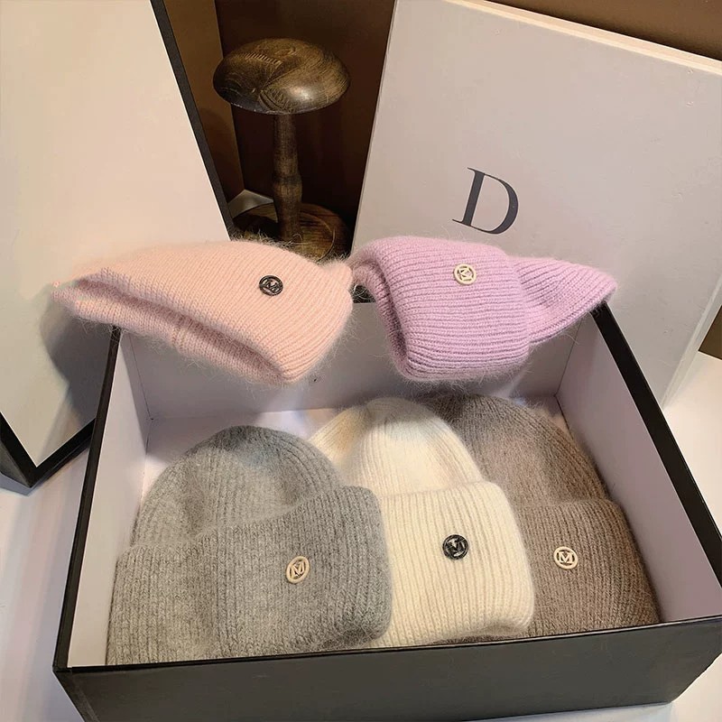 Crimping, Ear Warap, Eaveless Rim Thick Knitted Hat With Rabbit Fur Winter Warmth Ear Protection Wool Lining Large Head Size Wool Hat Basic