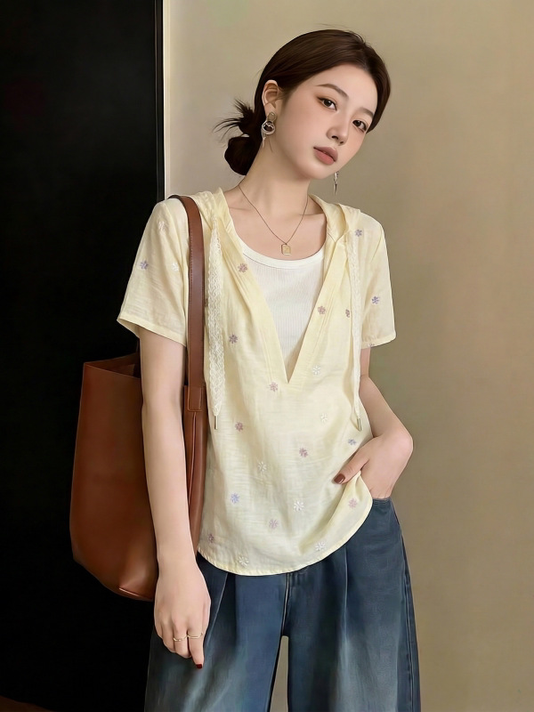 Áo sơ mi ngắn tay phối mũ trùm dáng rộng che bụng cho nữ size lớn — xanh lam