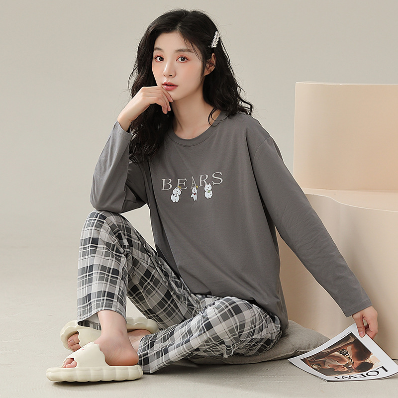 봄과 가을 간단한 홈 의류 세트 여성용 편안한 느슨한 회색 풀오버 크루 넥 긴팔 체크 무늬 바지 투피스 세트