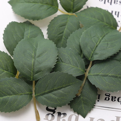 High-end simulated dark green rose leaves thickened silk screen three-pronged rose fake leaves decorative flower arrangement accessories