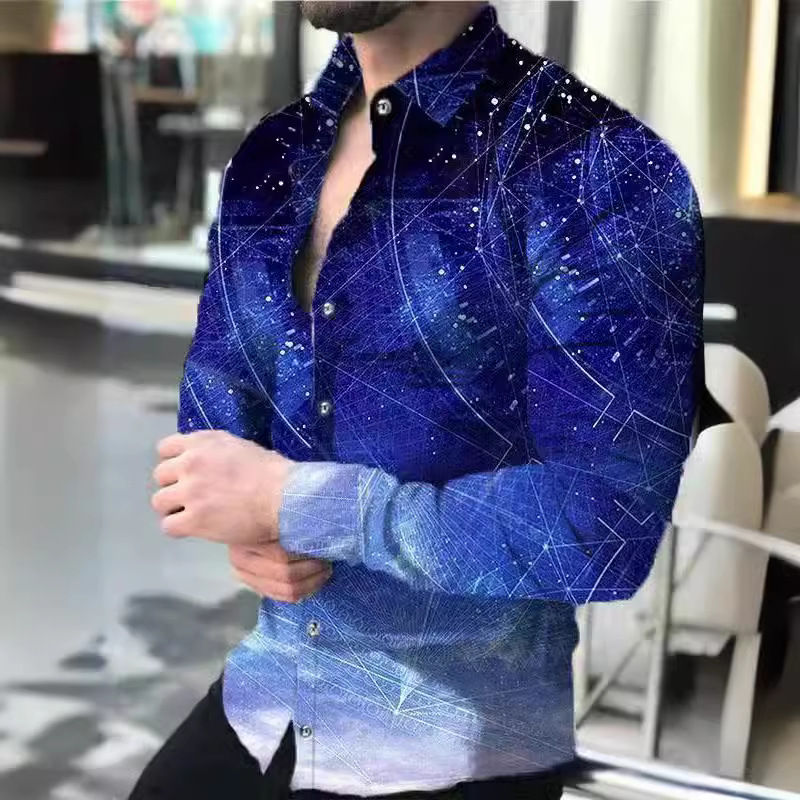 Comercio exterior transfronterizo nuevos hombres 3D impresión europea y americana casual calle moda impresión digital camisa de manga larga camisa delgada de los hombres