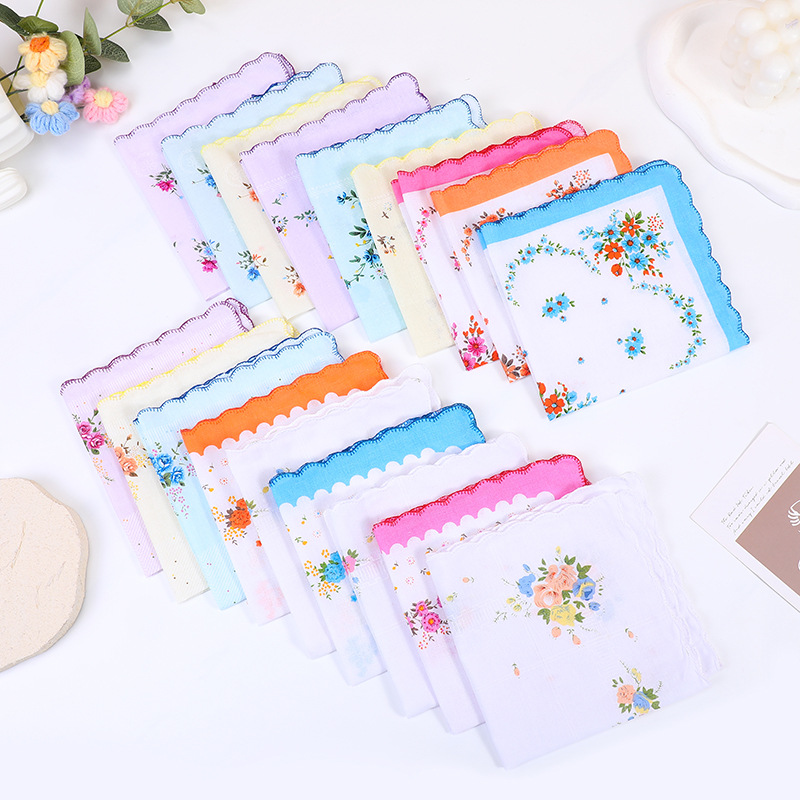 Amazon Cross-Border 30cm Women's Handkerchief, All-Cotton Small Handkerchief, Pure Cotton Small Floral Vintage Style Sweat-Wiping Women's Handkerchief, Small Square Towel