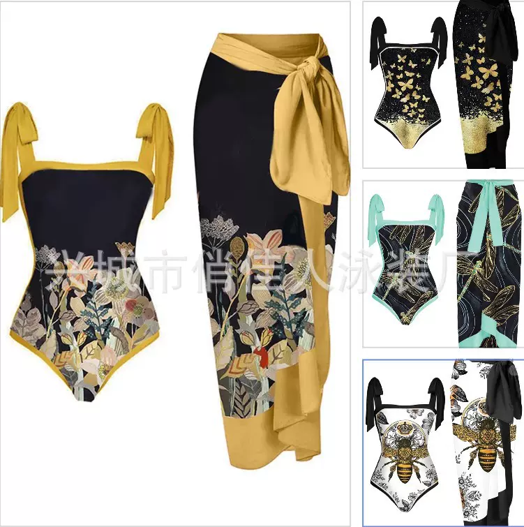 2023新款性感连体泳衣女欧美比基尼系带泳装套装长裙雪纺bikini