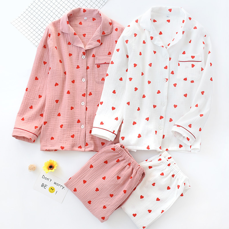 Spring, Summer and Autum Pure Cotton Gauze Women's Pajamas Lapel Small Peach Heart Long-Sleeved Pants Home Clothes Set Can Be Worn Outside