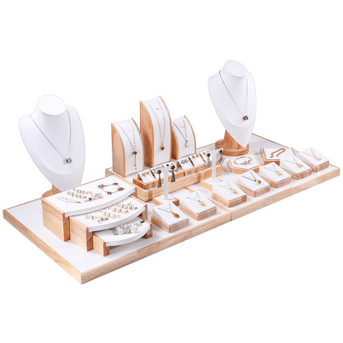 Factory wholesale white leather jewelry counter display props necklace ring earrings display stand display tray jewelry tray