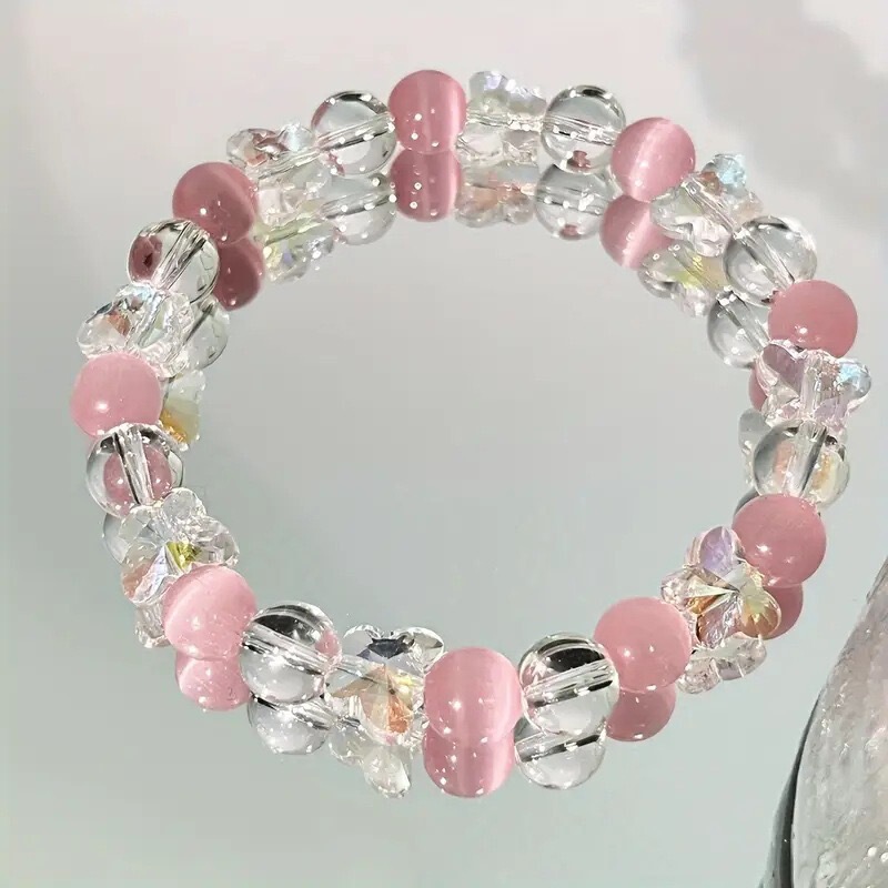 Fashion Shiny Synthetic Crystal Butterfly Bracelet, Pink Cat's Eye and Clear Quartz with Colorful Butterfly Beads