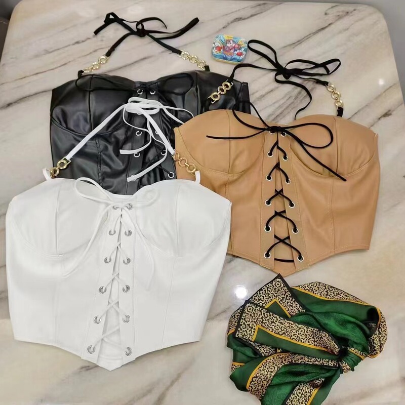 Hot Girl's Sexy Crop Top with Straps and Exposed Navel, Pu Leather Halter Neck Slim-Fit Tank Top for Summer Hot Girl's Sexy Crop Top with Straps and Exposed Navel, Pu Leather Halter Neck Slim-Fit Tank Top for Summer