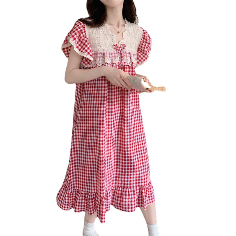 Verano ins Corea del Sur comercio exterior de las mujeres Plaid encaje dulce princesa bordado pesado encaje Home wear traje camisón