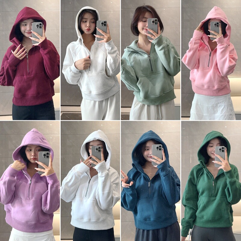 lulu scuba sweater short half zipper hooded coat women's autumn and winter sports fitness fleece-lined yoga top