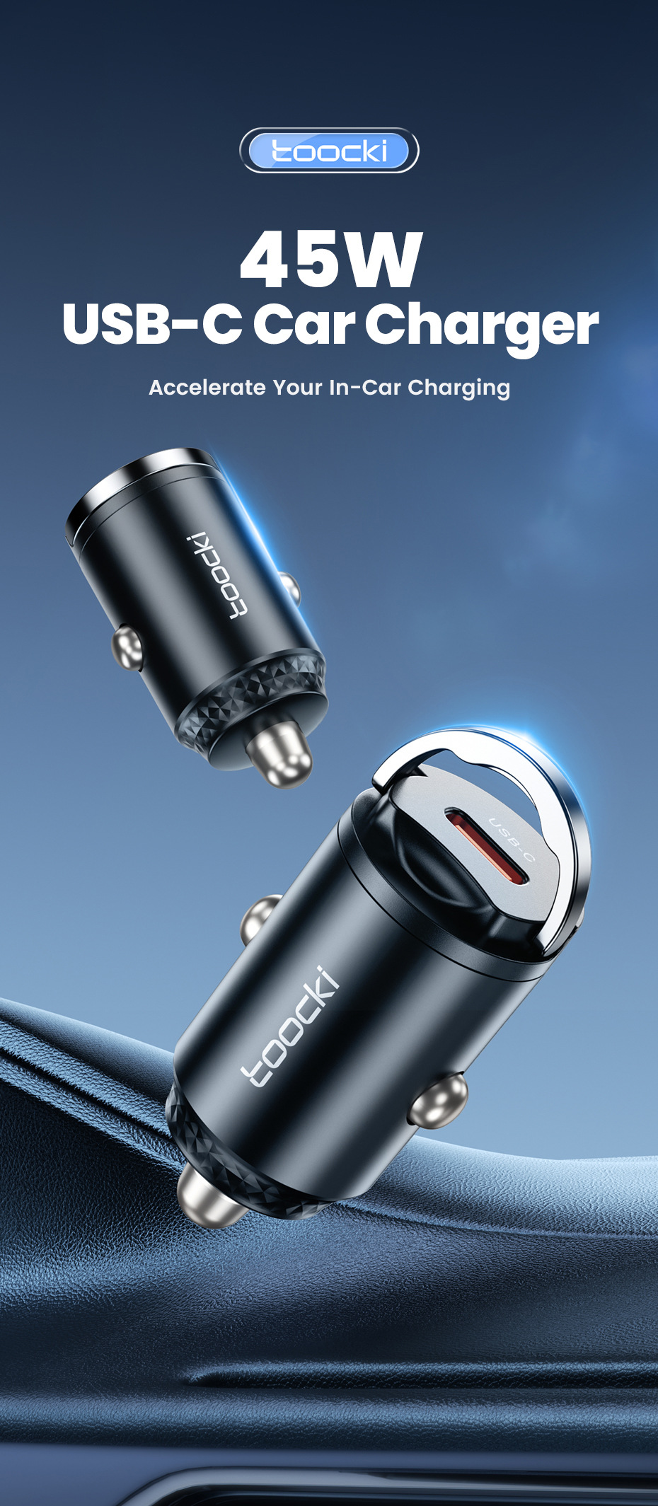 Toocki 45W Mini Pull-Tab Car Mobile Phone Charger Type-C Fast Charging Suitable for Samsung Pps Car Charger