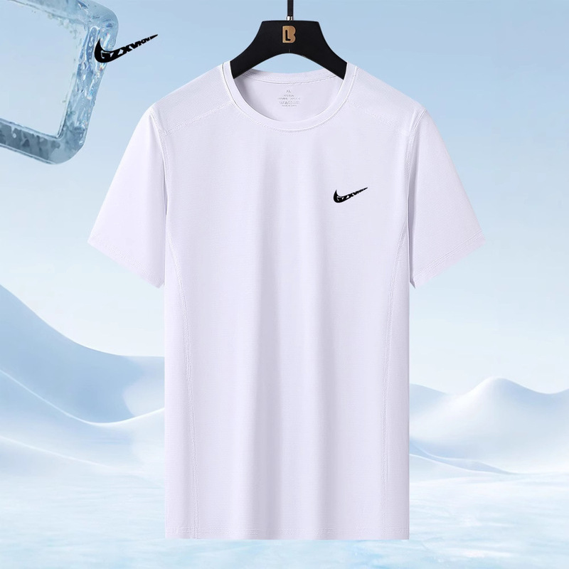 Men's Summer Outdoor Sports Quick-Drying T-Shirt Men's Casual Breathable Sweat-Absorbent Elastic Ice Silk Fitness Wear Round Neck Short Sleeves