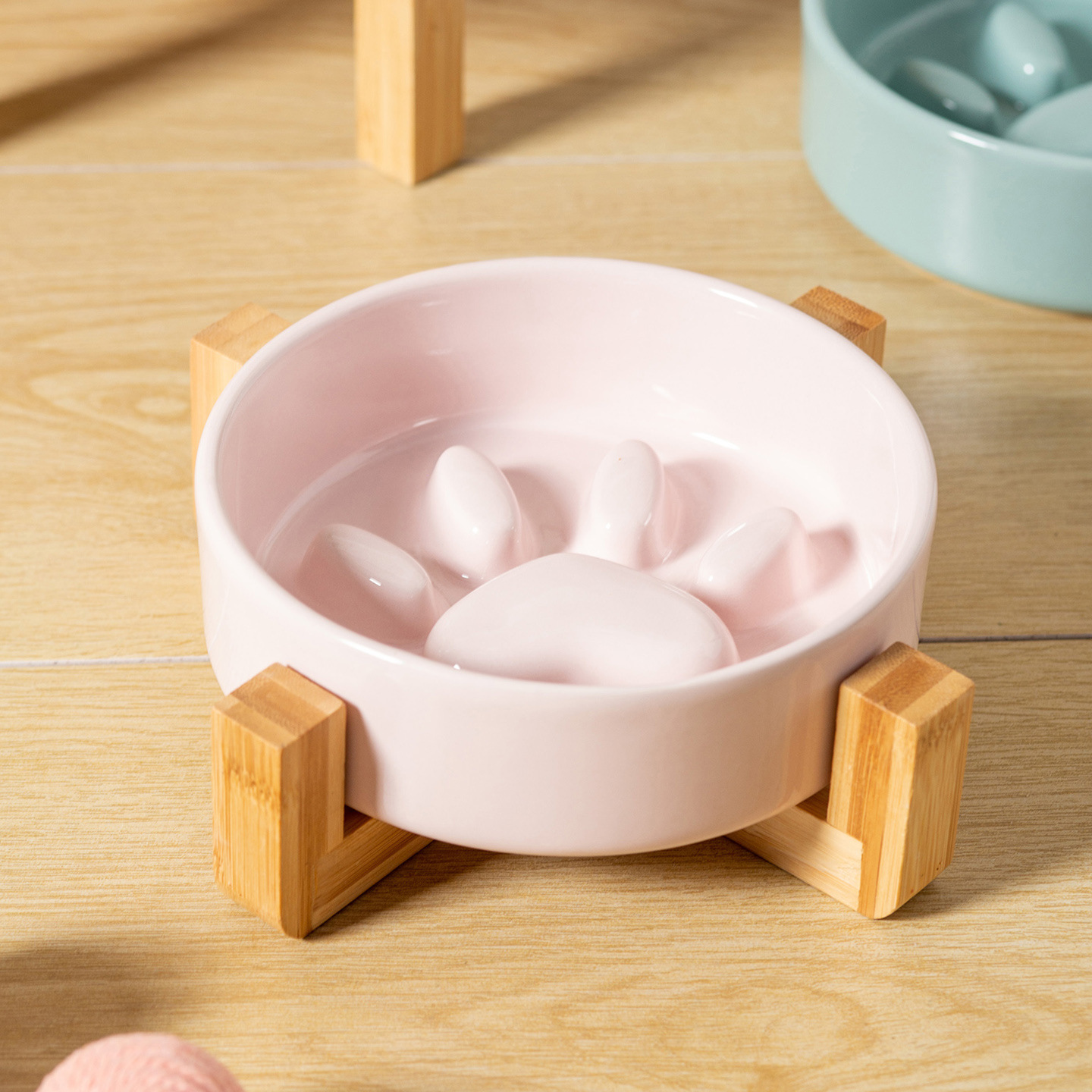 Cuenco de comida lenta de color crema de garra de gato con marco de bambú, cuenco de cerámica para perros y gatos, cuenco de comida lenta para perros, cuenco de comida para perros, cuenco anti-asfixia