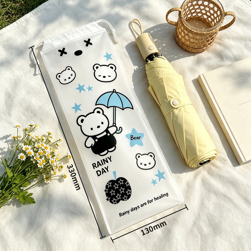Umbrella storage bag with waterproof drawstring design, frosted and transparent, for car use, cute cartoon bear holding an umbrella Umbrella storage bag with waterproof drawstring design, frosted and transparent, for car use, cute cartoon bear holding an umbrella