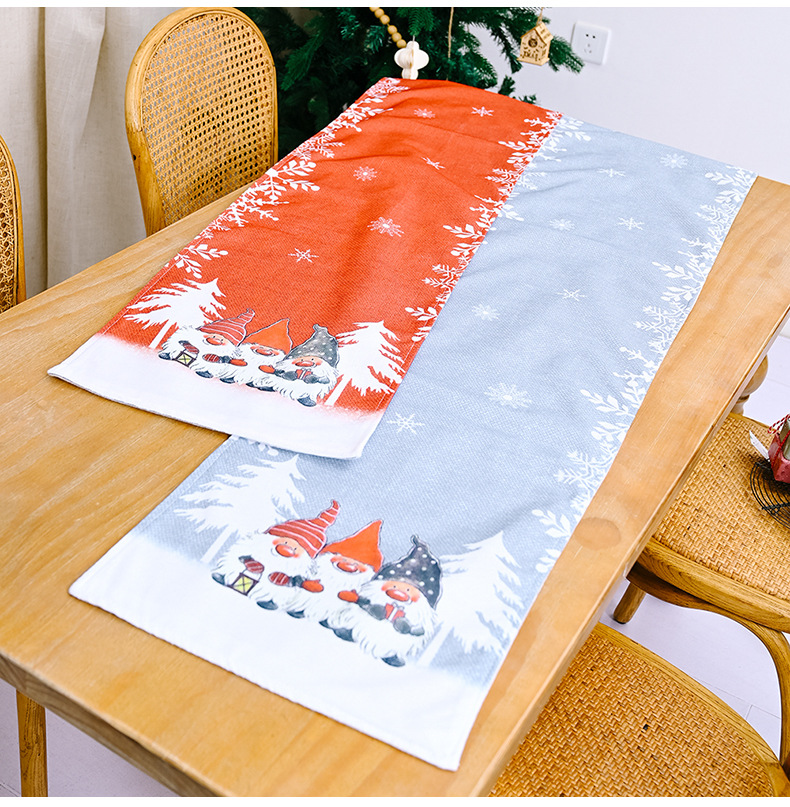 Décorations de Noël pour la maison et le jardin Chemin de table en forme de flocon de neige avec un vieil homme dans la forêt, nappe pour la maison, napperon imprimé_voghion.com