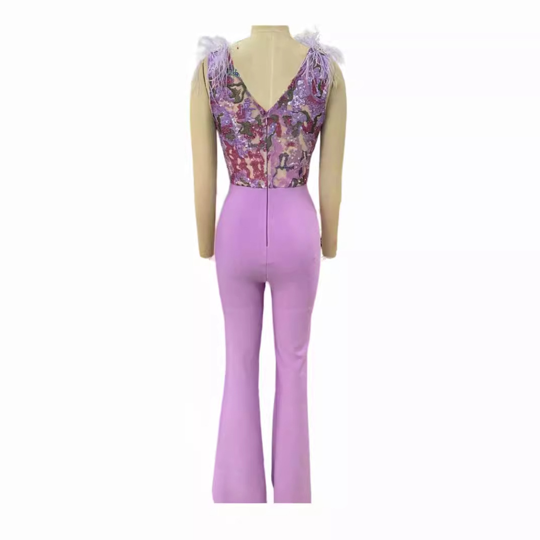 AliExpress nueva lentejuelas bordado con cuello en V sin mangas pluma hombro púrpura cintura alta mono moda fiesta traje